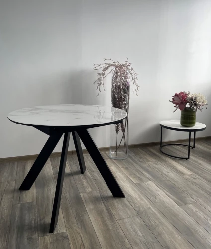 Стол БОНЖУР 100 БЕЛЫЙ МРАМОР, черная шагрень, стекло / ЧЕРНЫЙ каркас М-City