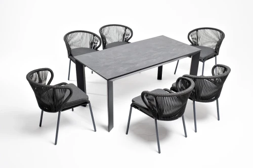"Венето" обеденная группа на 6 персон со стульями "Милан", каркас темно-серый, роуп темно-серый