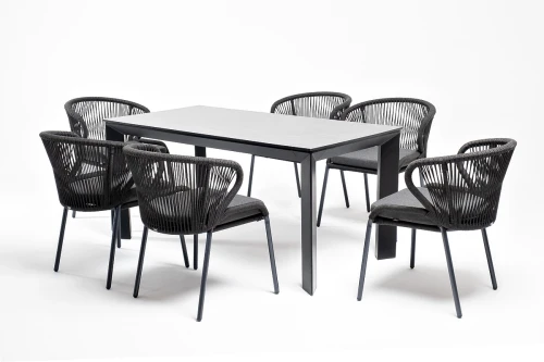 "Венето" обеденная группа на 6 персон со стульями "Милан", каркас темно-серый, роуп темно-серый