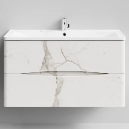 Тумба Адель 100 подвесной, Мрамор Белый натур милк ПВХ 2537 Vodok с раковиной в комплекте