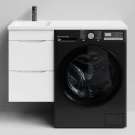 Тумба Смайл 100 подвесной, под стиральную машину, левая, белый глянец Vodok с раковиной в комплекте