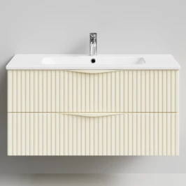 Тумба Эйфория 100 F6, пример RAL 1015 Светлая слоновая кость, матовая, 2 ящика, подвесной Vodok с раковиной в комплекте