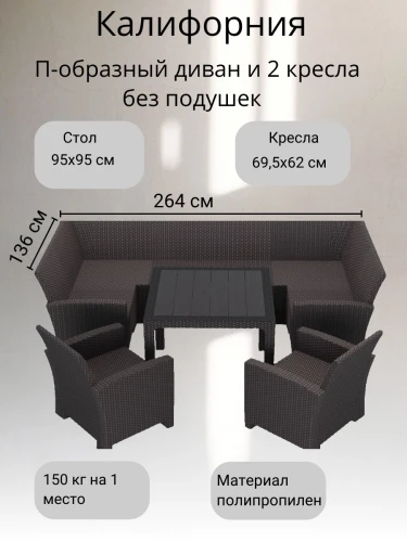 Комплект садовой мебели под ротанг Калифорния “California“с П- образный диваном 136х264х136 см 6 мест, 2 кресла  без подушек со столом 95х95 см