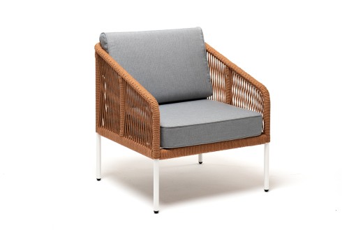 "Канны" кресло плетеное из роупа, каркас алюминий светло-серый (RAL7035) муар, роуп бежевый круглый, ткань светло-серая