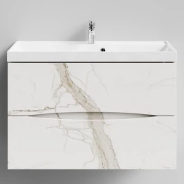 Тумба Лайт 90 подвесной, Мрамор Белый натур милк ПВХ 2537 Vodok с раковиной в комплекте
