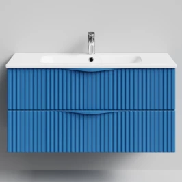 Тумба Эйфория 100 F6, пример RAL 5019 Капри синий, матовая, 2 ящика, подвесной Vodok с раковиной в комплекте