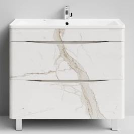 Тумба Адель 90 напольный, Мрамор Белый натур милк ПВХ 2537 Vodok с раковиной в комплекте