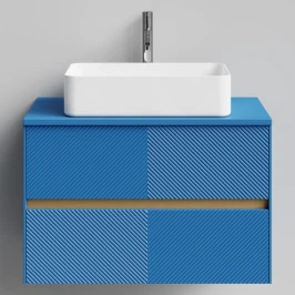 Тумба Аурум 80, пример RAL 5019 Капри синий, матовая, 2 ящика, подвесной Vodok с раковиной в комплекте