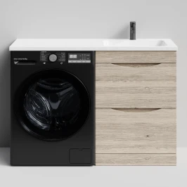 Тумба Смайл 120 напольный, под стиральную машину, правая, Дубослив ореховый светлый ПВХ 3445 Vodok с раковиной в комплекте