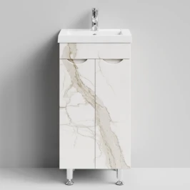 Тумба Смайл 40 напольный, Мрамор Белый натур милк ПВХ 2537 Vodok с раковиной в комплекте