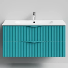 Тумба Эйфория 100 F6, пример RAL 5021 Водная синь, матовая, 2 ящика, подвесной Vodok с раковиной в комплекте