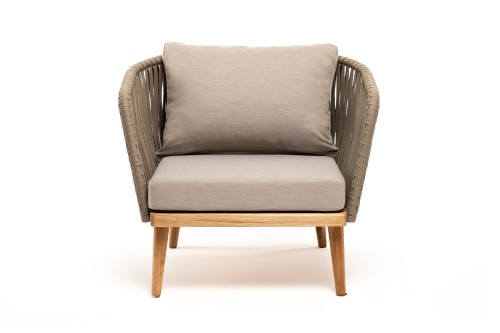 "Мальорка" кресло плетеное из роупа, основание дуб, роуп серо-коричневый 23мм, ткань бежевая 15052