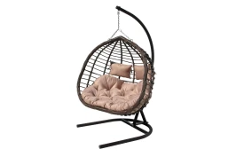 Кресло подвесное двойное Ортис арт.D50-МТ002 (стойка+основание черный,корзн. корич.,подуш. беж. 3уп. (В))