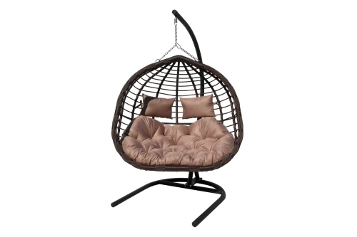 Кресло подвесное двойное Ортис арт.D50-МТ002 (стойка+основание черный,корзн. корич.,подуш. беж. 3уп. (В))