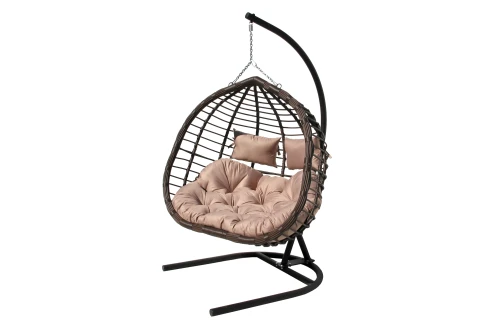 Кресло подвесное двойное Ортис арт.D50-МТ002 (стойка+основание черный,корзн. корич.,подуш. беж. 3уп. (В))