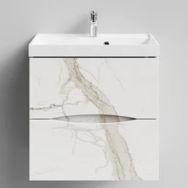 Тумба Лайт 60 подвесной, Мрамор Белый натур милк ПВХ 2537 Vodok с раковиной в комплекте