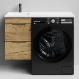 Тумба Смайл 100 подвесной, под стиральную машину, левая, Дуб Тортуга ПВХ 2357-43 Vodok с раковиной в комплекте