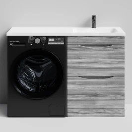 Тумба Смайл 120 напольный, под стиральную машину, правая, Лиственница структурная контрастно-серая ПВХ 64202 Vodok с раковиной в комплекте