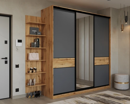 Шкаф-купе SLIM,184*60, Дуб вотан, Серый с зеркалом