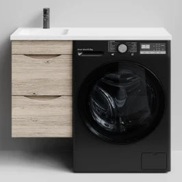 Тумба Смайл 100 подвесной, под стиральную машину, левая, Дубослив ореховый светлый ПВХ 3445 Vodok с раковиной в комплекте