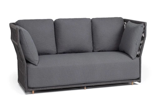 "Лугано" диван 3-местный плетеный из роупа, каркас алюминий темно-серый (RAL7024) муар, роуп темно-серый круглый, ткань темно-серая YB25-0027