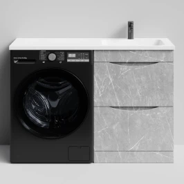 Тумба Смайл 120 напольный, под стиральную машину, правая, Мрамор Белый софт тач 4044-2 Vodok с раковиной в комплекте