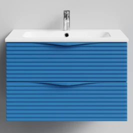 Тумба Эйфория 80 F7, пример RAL 5019 Капри синий, матовая, 2 ящика, подвесной Vodok с раковиной в комплекте