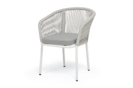 "Марсель" стул плетеный из роупа, каркас алюминий белый муар, роуп светло-серый меланж круглый tex, ткань светло-серая