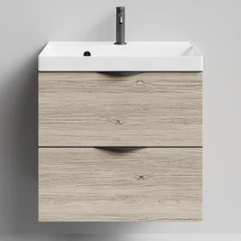 Тумба Марко 60 подвесной, ручки Черные, Дубослив ореховый светлый ПВХ 3445 Vodok с раковиной в комплекте