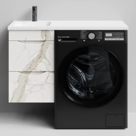 Тумба Смайл 100 подвесной, под стиральную машину, левая, Мрамор Белый натур милк ПВХ 2537 Vodok с раковиной в комплекте