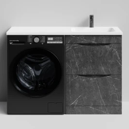 Тумба Смайл 120 напольный, под стиральную машину, правая, Мрамор Графит софт тач ПВХ 4044-3 Vodok с раковиной в комплекте