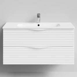 Тумба Эйфория 100 F7, базовая Белая эмаль, матовая, 2 ящика, подвесной Vodok с раковиной в комплекте