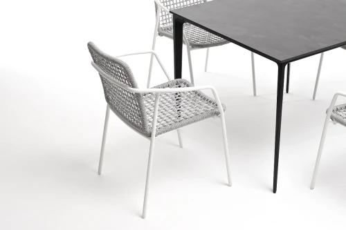 "Малага" обеденная группа на 4 персоны со стульями "Тунис", каркас белый, роуп светло-серый