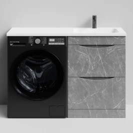Тумба Смайл 120 напольный, под стиральную машину, правая, Мрамор Серый софт тач ПВХ 4044-1 Vodok с раковиной в комплекте