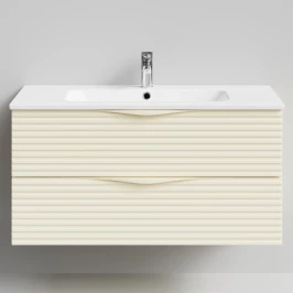 Тумба Эйфория 100 F7, пример RAL 1015 Светлая слоновая кость, матовая, 2 ящика, подвесной Vodok с раковиной в комплекте