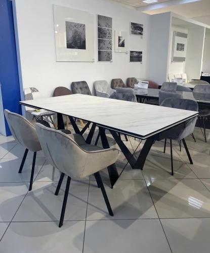 Стол RIETI 200 KL-99 Белый мрамор матовый, итальянская керамика / черный каркас, ®DISAUR