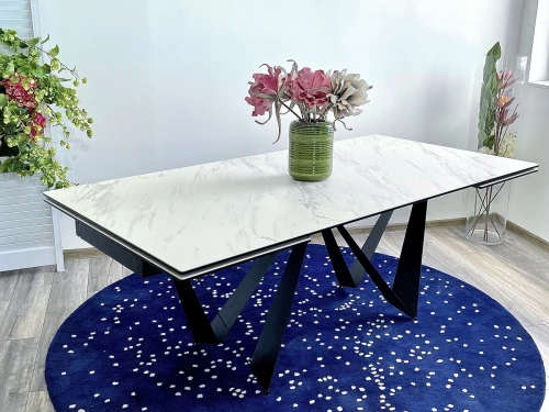 Стол RIETI 200 KL-99 Белый мрамор матовый, итальянская керамика / черный каркас, ®DISAUR