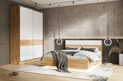 Кровать парящая с подъемным механизмом Роджина 1,6 м, Белый глянец холодный, Дуб крафт