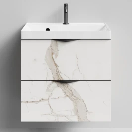 Тумба Марко 60 подвесной, ручки Черные, Мрамор Белый натур милк ПВХ 2537 Vodok с раковиной в комплекте
