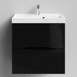 Тумба Лайт 60 подвесной, черный глянец Vodok с раковиной в комплекте