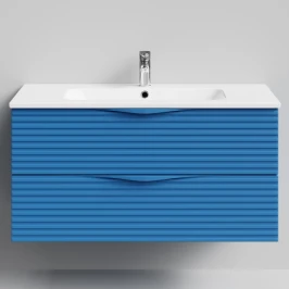Тумба Эйфория 100 F7, пример RAL 5019 Капри синий, матовая, 2 ящика, подвесной Vodok с раковиной в комплекте