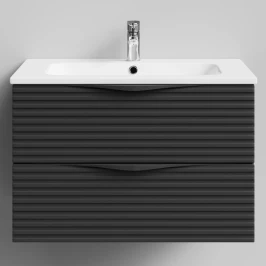 Тумба Эйфория 80 F7, пример RAL 9005 Чёрный янтарь, матовая, 2 ящика, подвесной Vodok с раковиной в комплекте