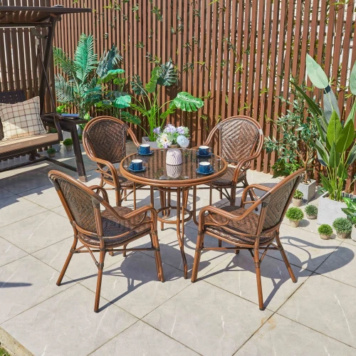 Уличная обеденная мебель из литого алюминия/иск.ротанг. Стол D80 БАМБУК + 4 кресла БАМБУК-1