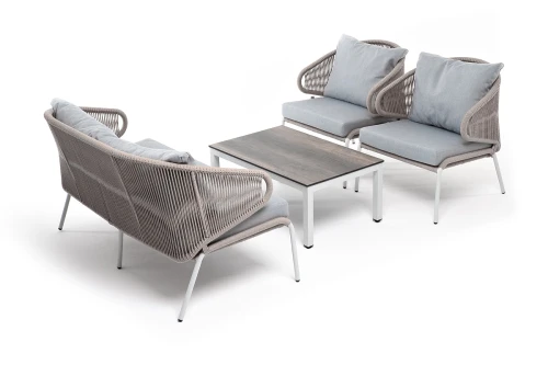 "Милан" лаунж-зона 4-местная плетеная из роупа (веревки), каркас алюминиевый белый, роуп бежевый, ткань серая