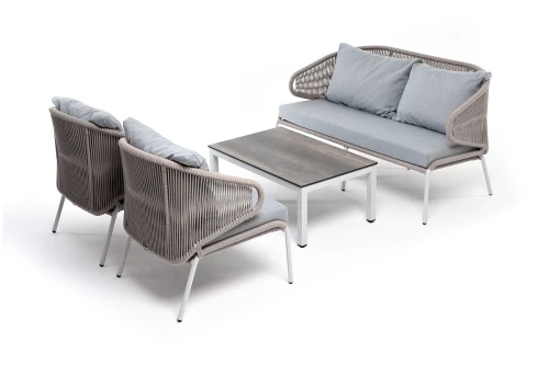 "Милан" лаунж-зона 4-местная плетеная из роупа (веревки), каркас алюминиевый белый, роуп бежевый, ткань серая