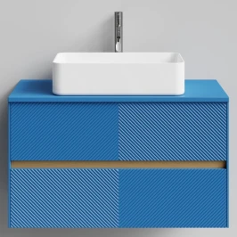 Тумба Аурум 90, пример RAL 5019 Капри синий, матовая, 2 ящика, подвесной Vodok с раковиной в комплекте