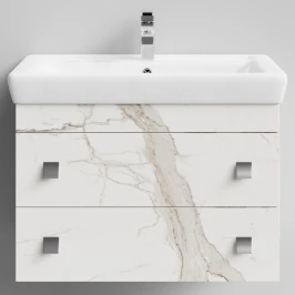 Тумба Квадро 80 подвесной, Мрамор Белый натур милк ПВХ 2537 Vodok с раковиной в комплекте