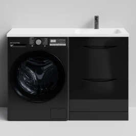 Тумба Смайл 120 напольный, под стиральную машину, правая, черный глянец Vodok с раковиной в комплекте