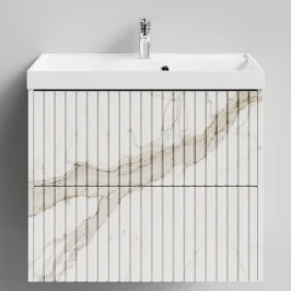 Тумба Тач 70 подвесной, Мрамор Белый натур милк ПВХ 2537 Vodok с раковиной в комплекте