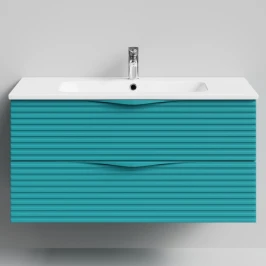 Тумба Эйфория 100 F7, пример RAL 5021 Водная синь, матовая, 2 ящика, подвесной Vodok с раковиной в комплекте